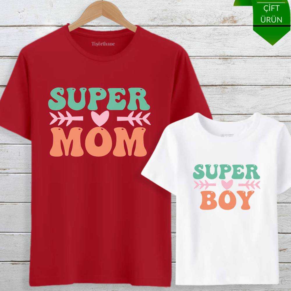 Super Mom, Super Boy Tasarımlı Anne Oğul Tişört Kombini